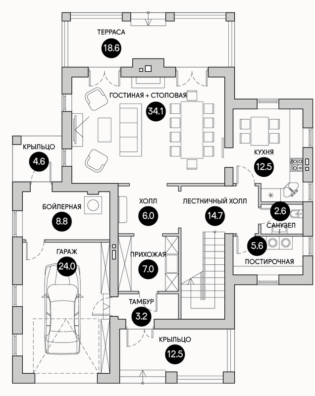 Планирока 1-го этажа в проекте Двухэтажный дом с гаражом DK-213