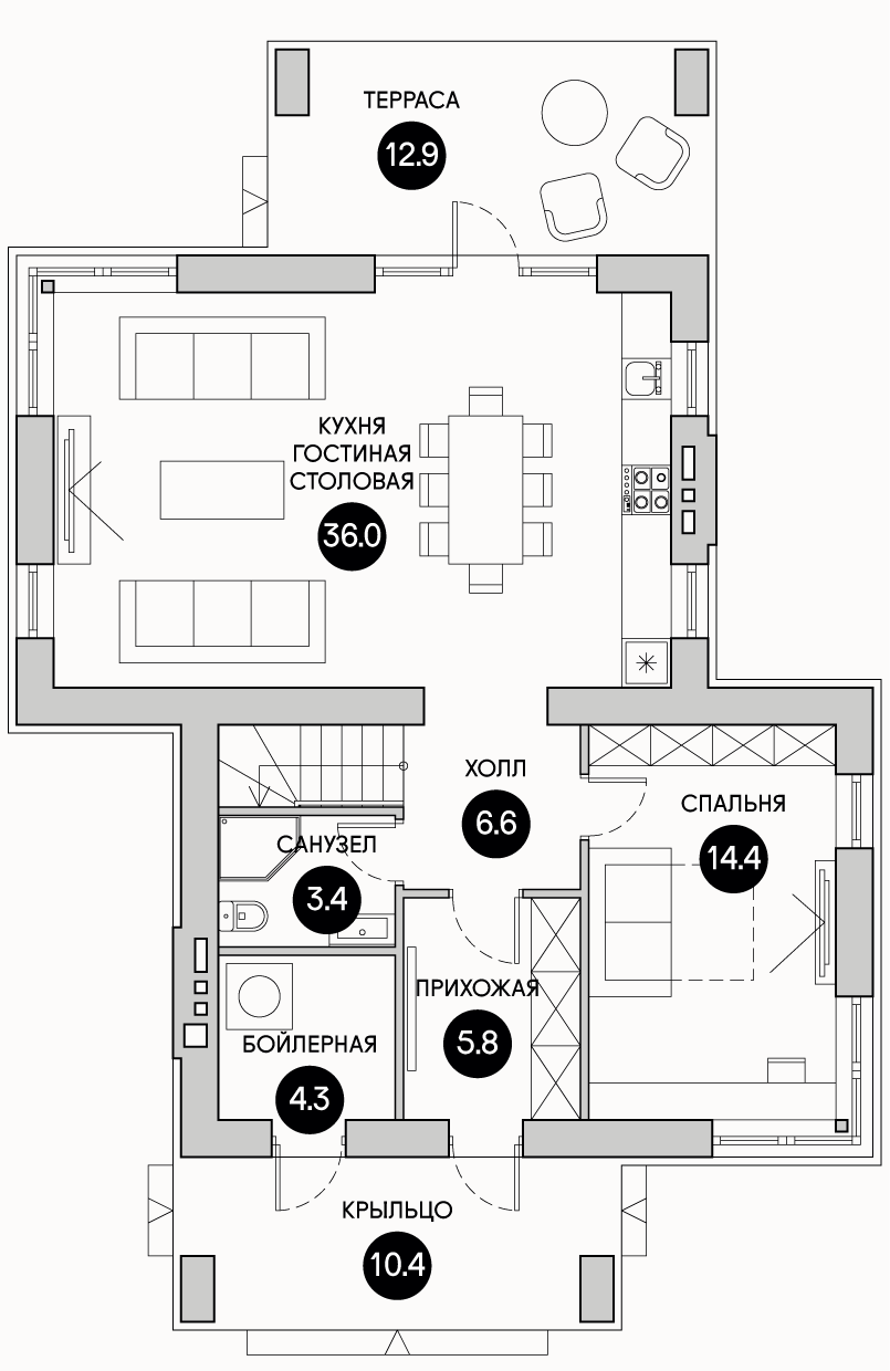 Планирока 1-го этажа в проекте Компактный современный дом DK-136