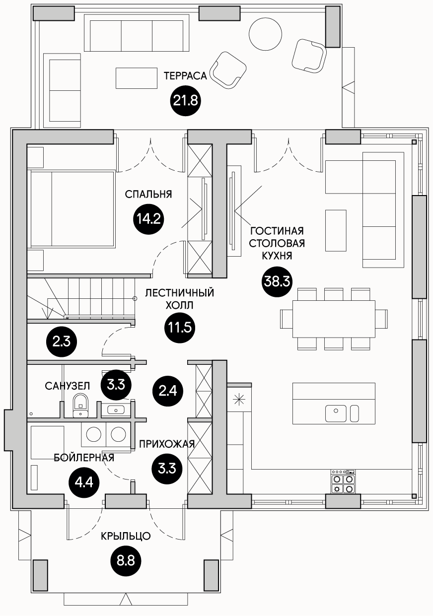 Планирока 1-го этажа в проекте Лаконичный дом правильной формы DK-144