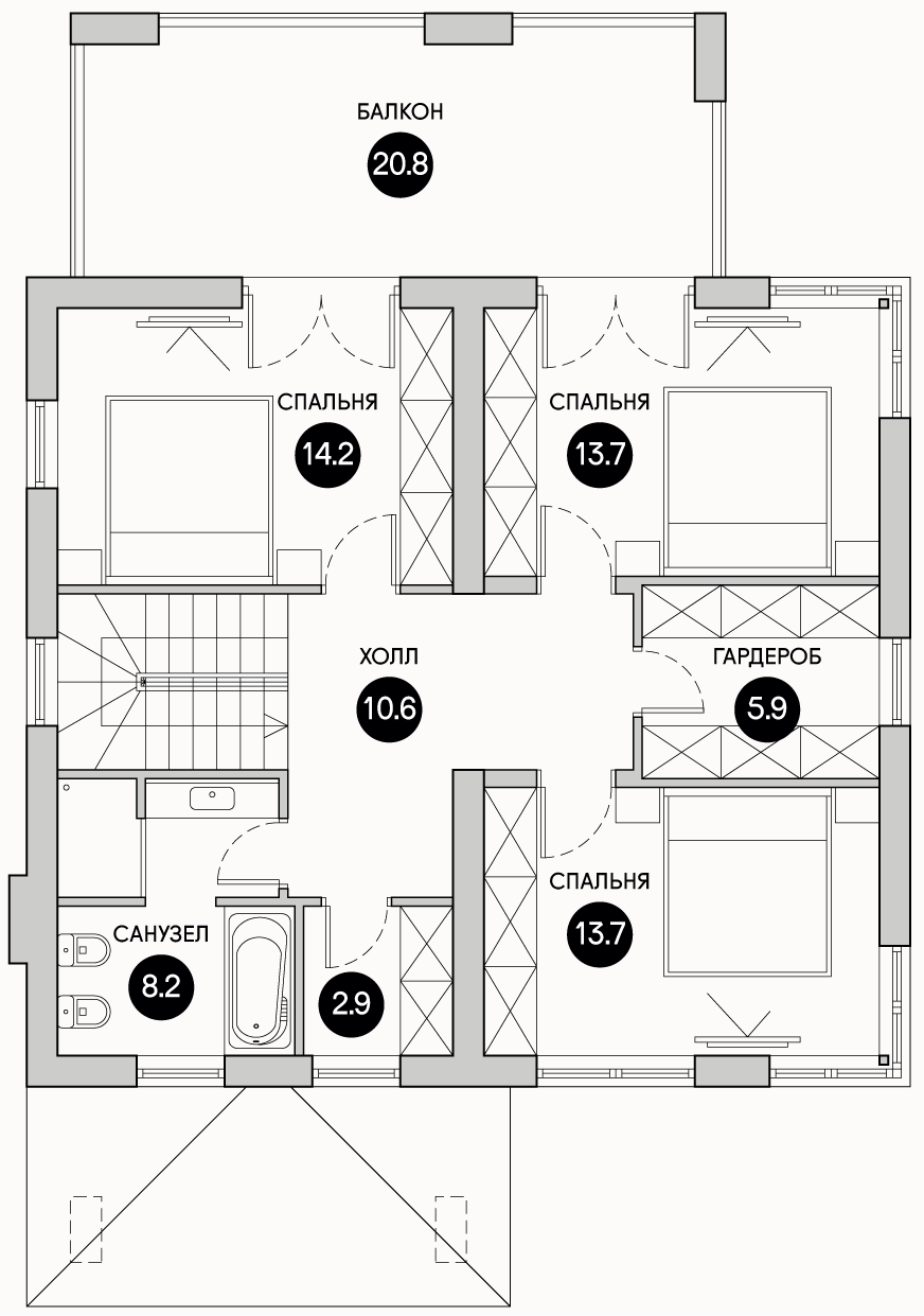 Планирока 2-го этажа в проекте Лаконичный дом правильной формы DK-144