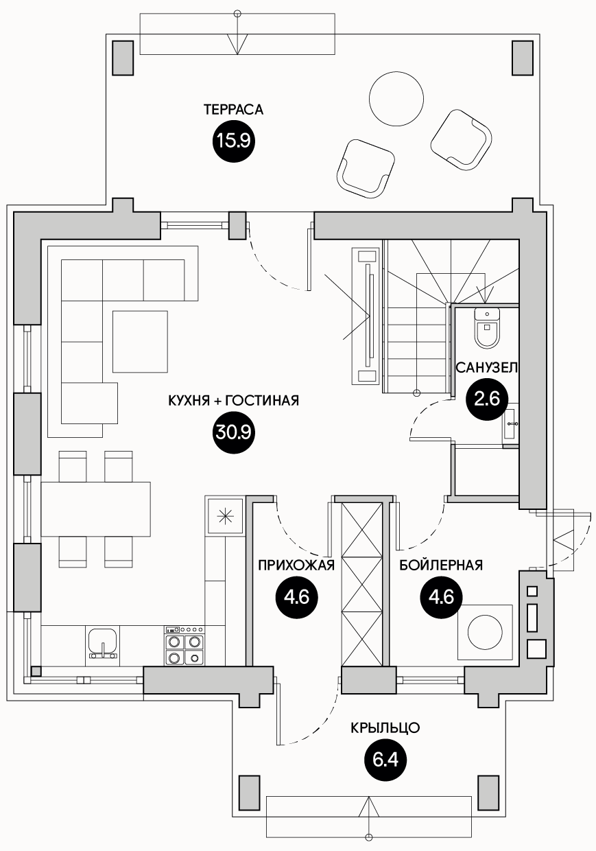 Планирока 1-го этажа в проекте Маленький современный дом DK-80
