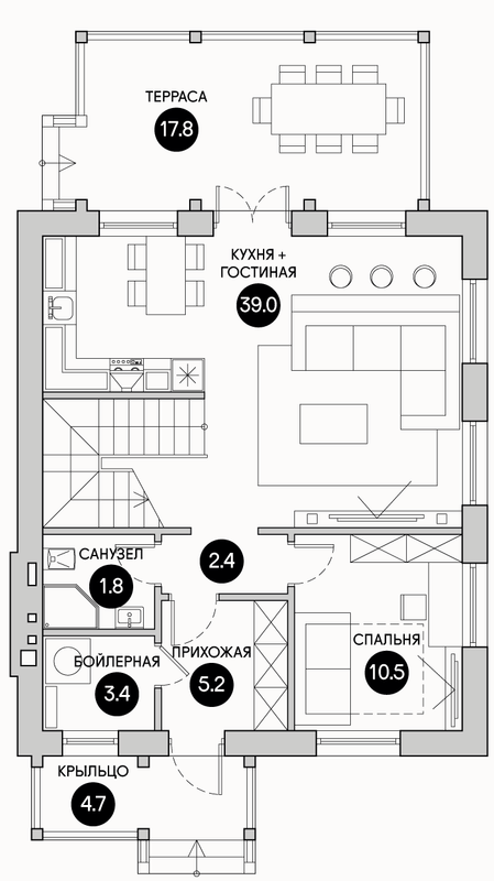 Планирока 1-го этажа в проекте Небольшой дом с мансардой DK-120