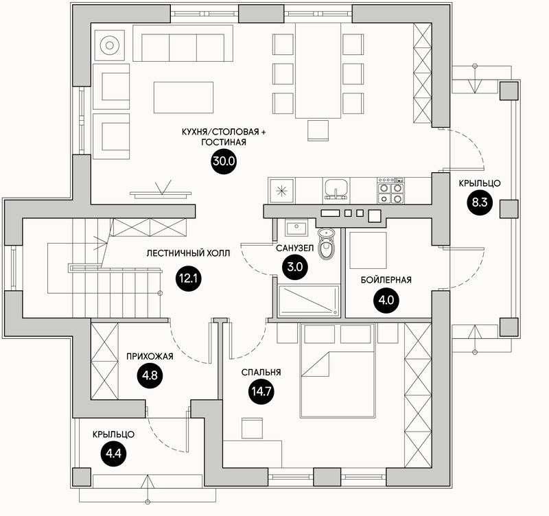 Планирока 1-го этажа в проекте Одноэтажный дом с мансардой DK-130