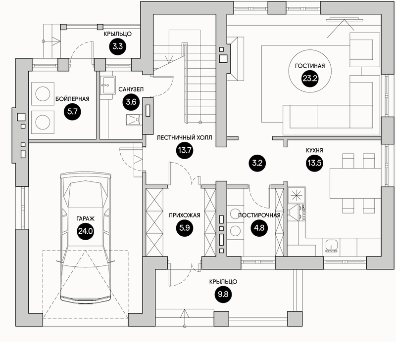 Планирока 1-го этажа в проекте Уютный дом с мансардой и гаражом DK-192