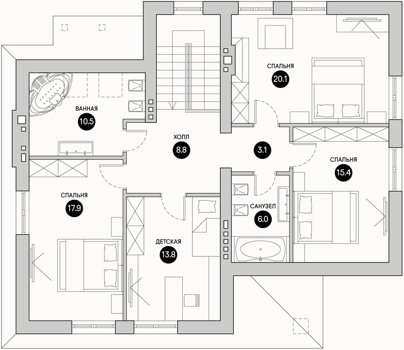 Планирока 2-го этажа в проекте Уютный дом с мансардой и гаражом DK-192