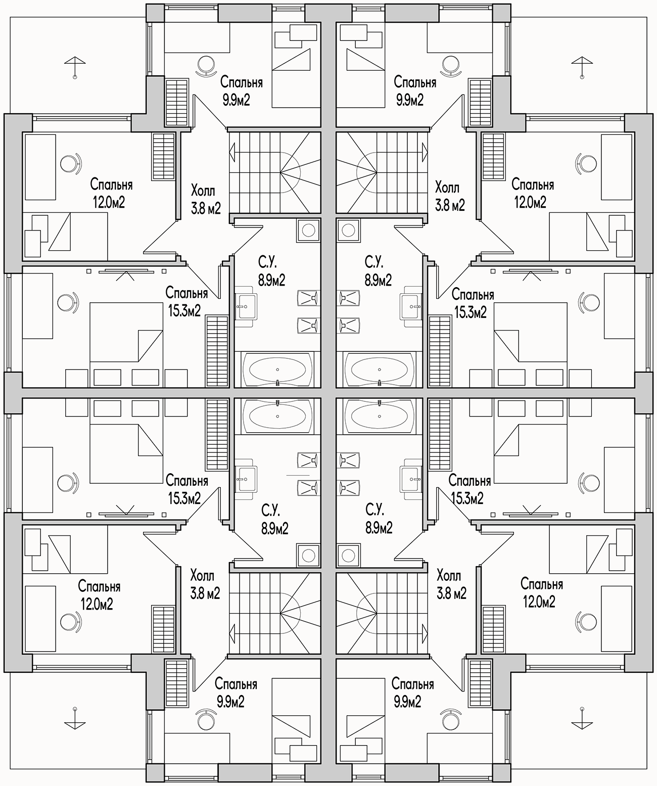 Планирока 2-го этажа в проекте Таунхаус на 4 семьи KP-104