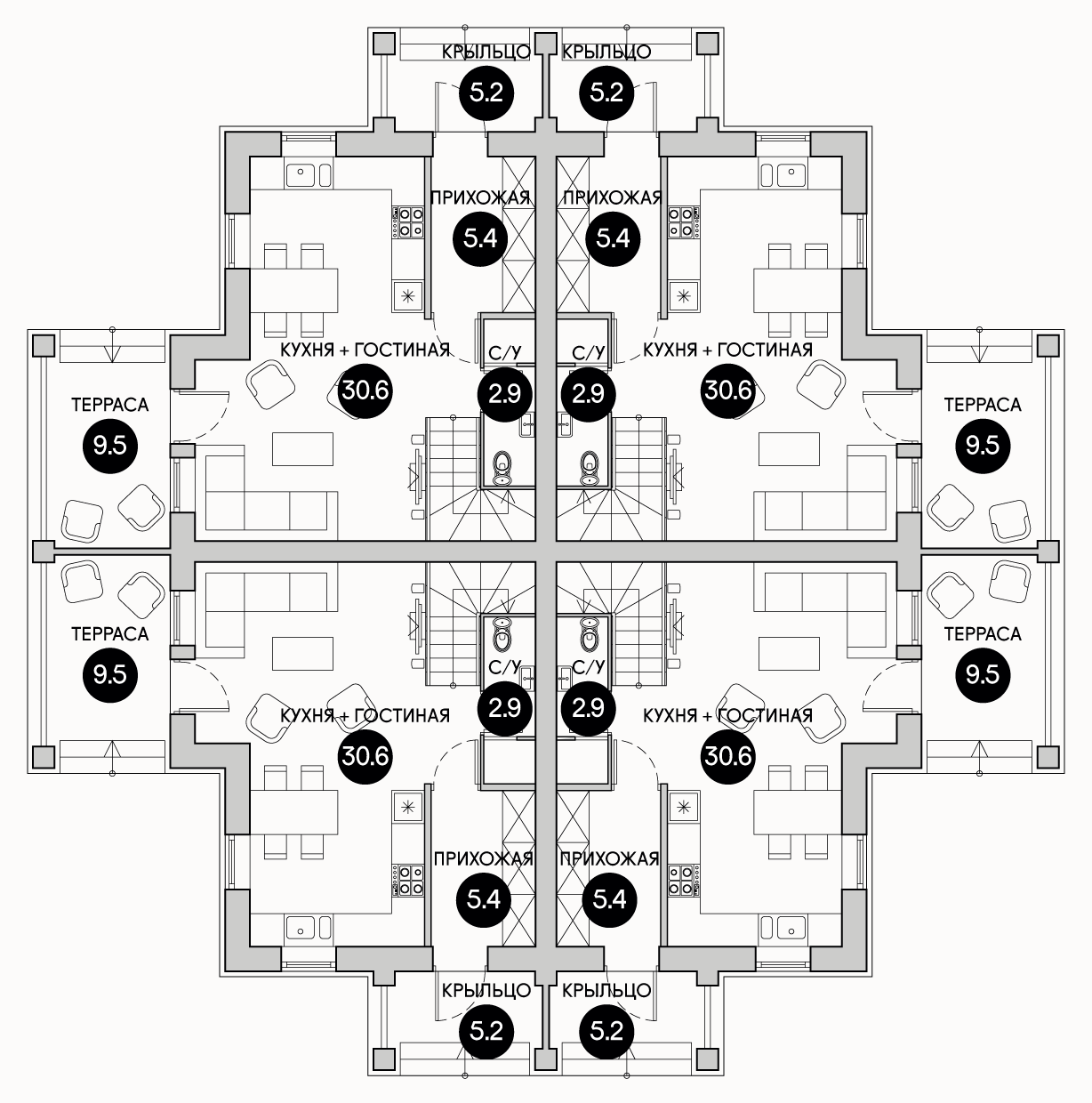 Планирока 1-го этажа в проекте Блокированный дом квадрохаус KB-73