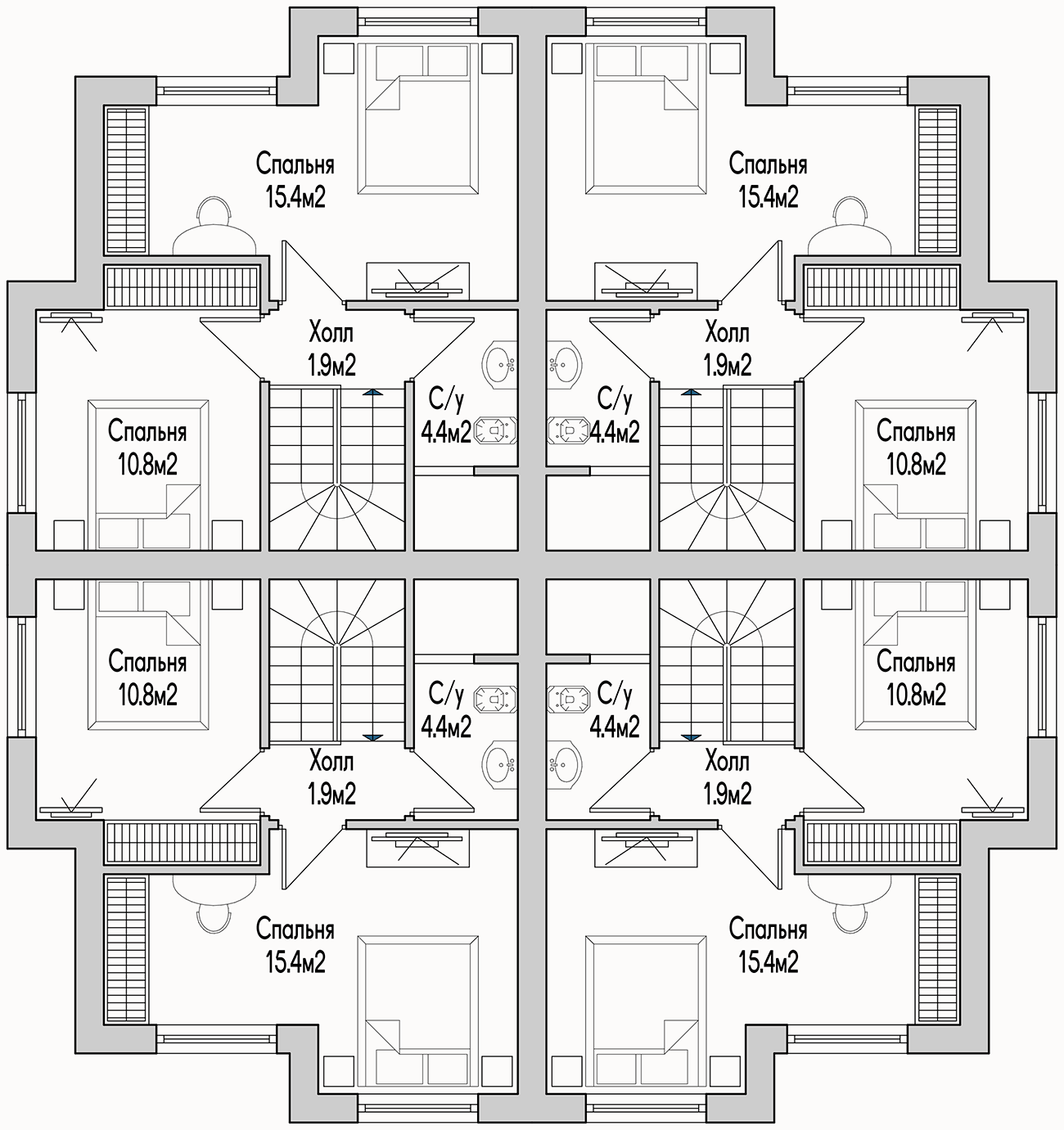 Планирока 2-го этажа в проекте Четырехсекционный дом KP-70