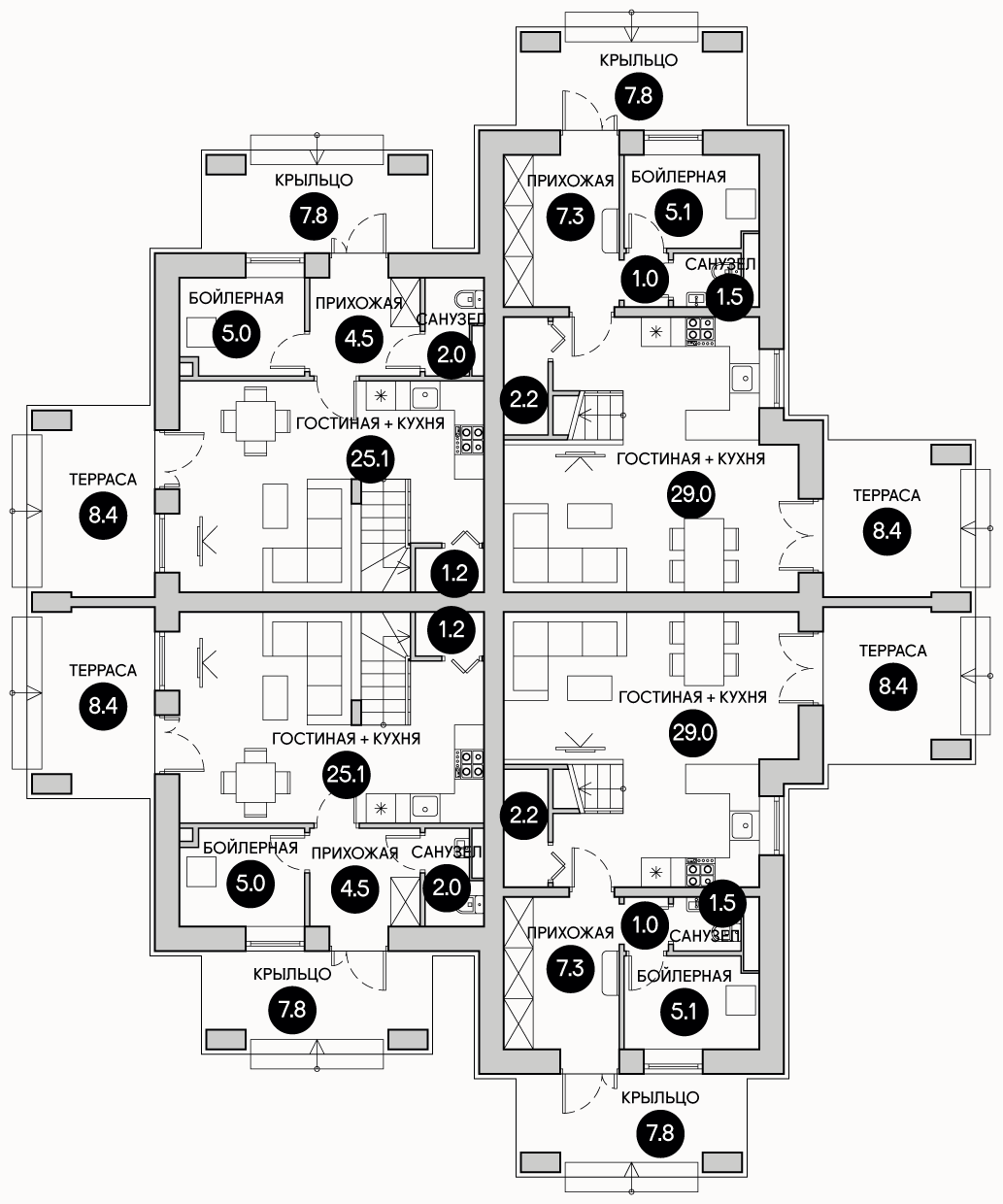 Планирока 1-го этажа в проекте Квадрохаус эконом класса KB-70/85
