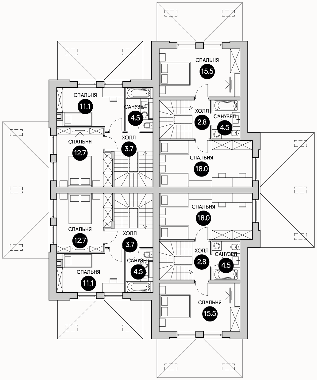 Планирока 2-го этажа в проекте Квадрохаус эконом класса KB-70/85