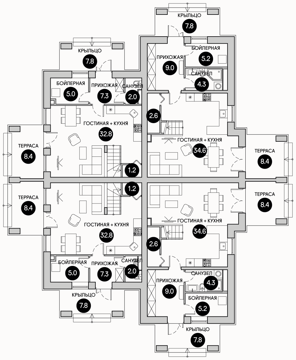 Планирока 1-го этажа в проекте Квадрохаус на 4 семьи KB-85/105