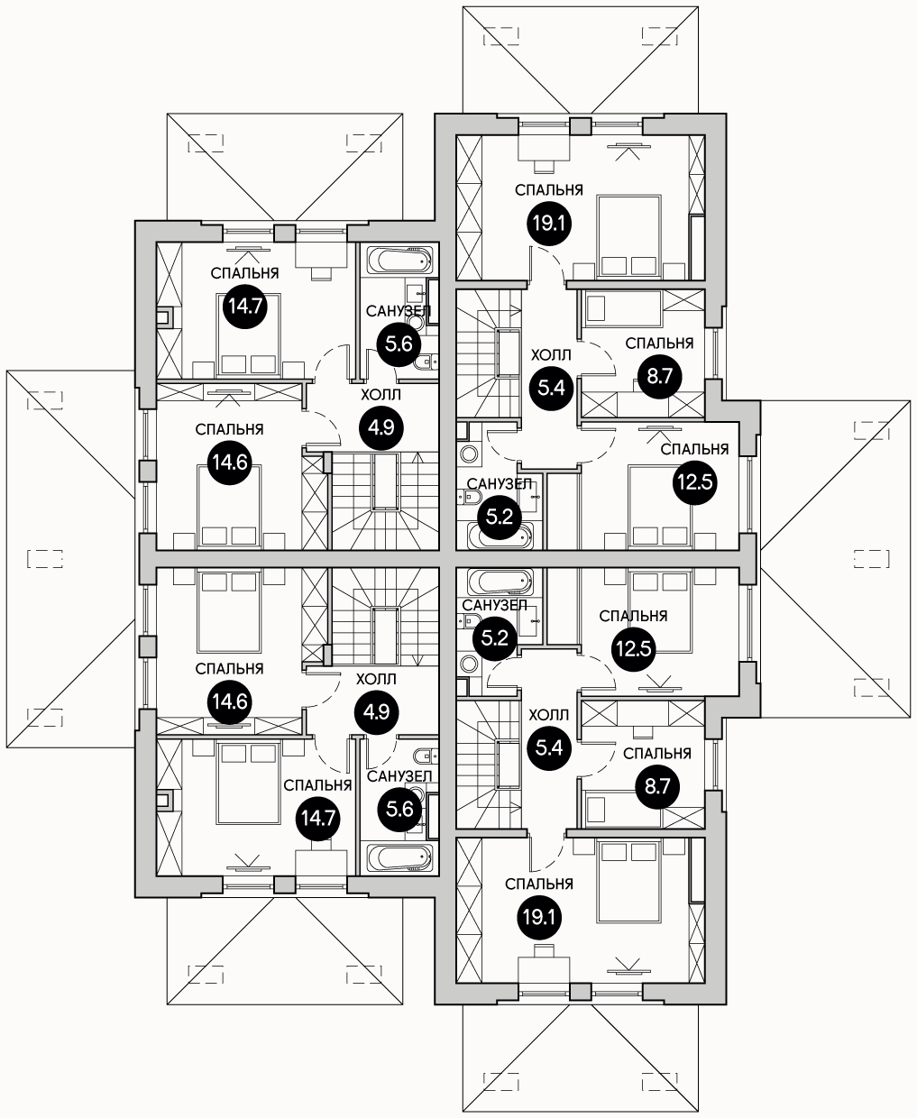 Планирока 2-го этажа в проекте Квадрохаус на 4 семьи KB-85/105