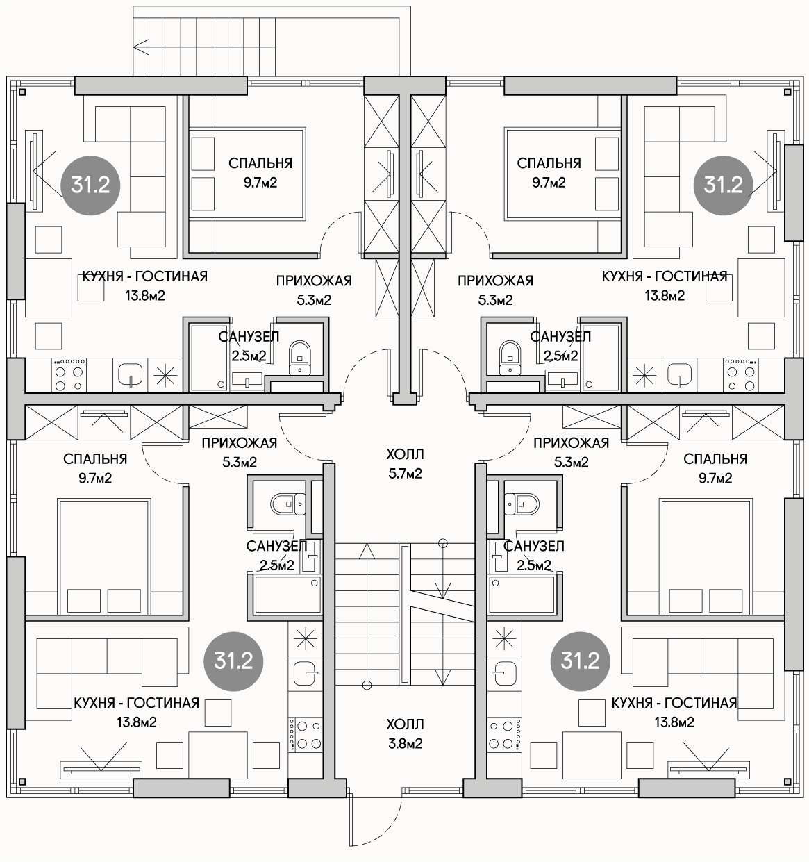 Планирока 1-го этажа в проекте Доходный дом на 16 квартир под сдачу MK-516