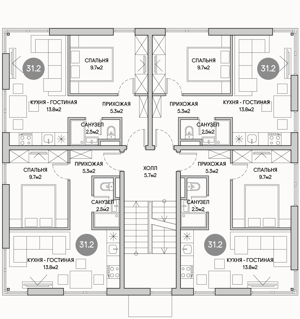 Планирока 2-го этажа в проекте Доходный дом на 16 квартир под сдачу MK-516