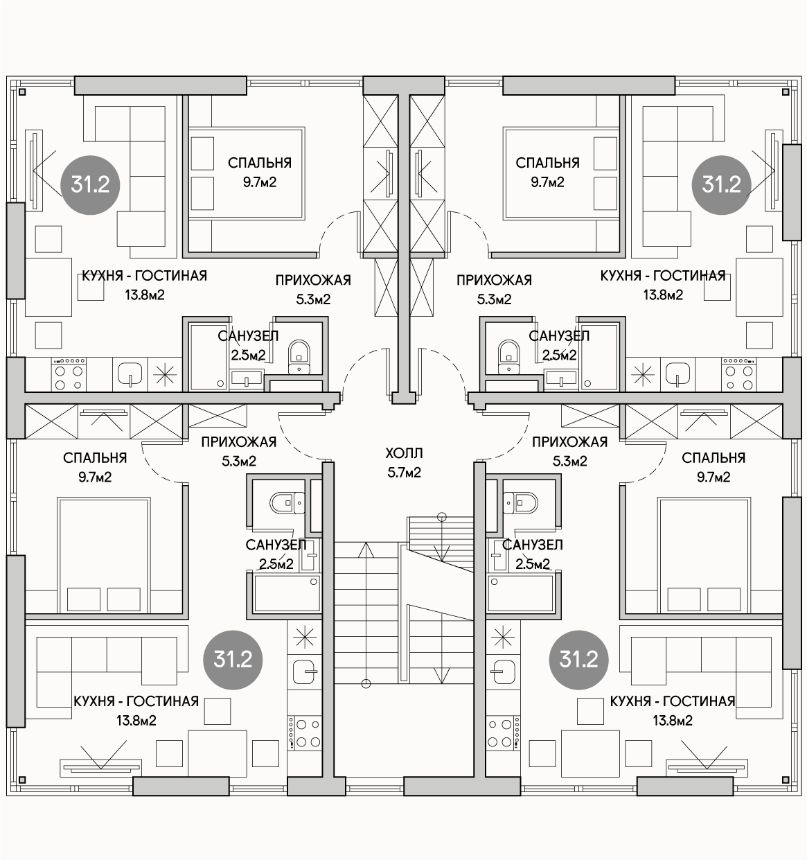 Планирока 3-го этажа в проекте Доходный дом на 16 квартир под сдачу MK-516