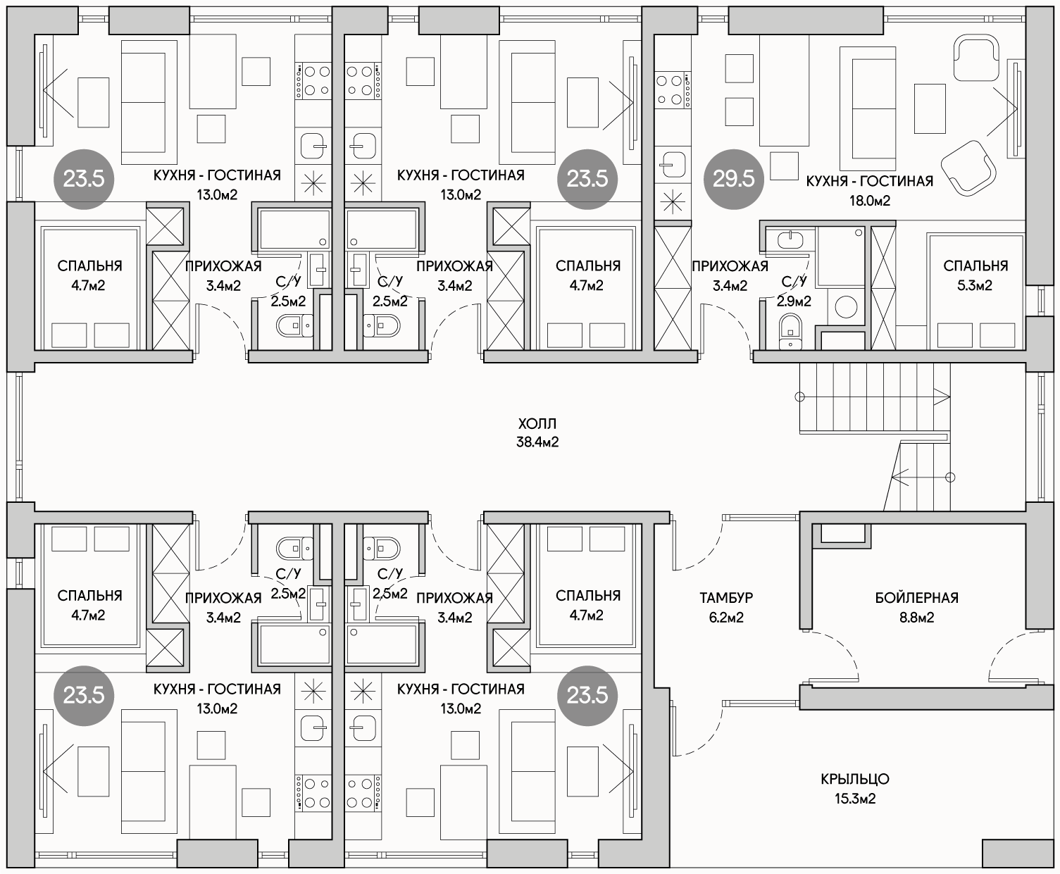 Планирока 1-го этажа в проекте Дом коливинг на 15 квартир студий MK-615