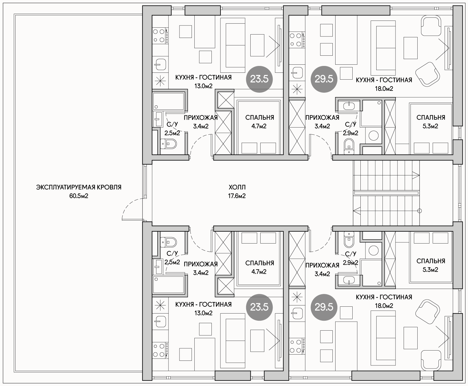 Планирока 3-го этажа в проекте Дом коливинг на 15 квартир студий MK-615
