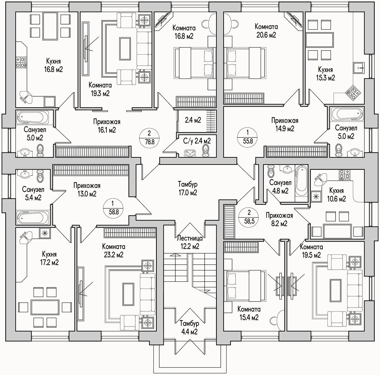 Планирока 1-го этажа в проекте Трехэтажный дом на 12 квартир MK-312