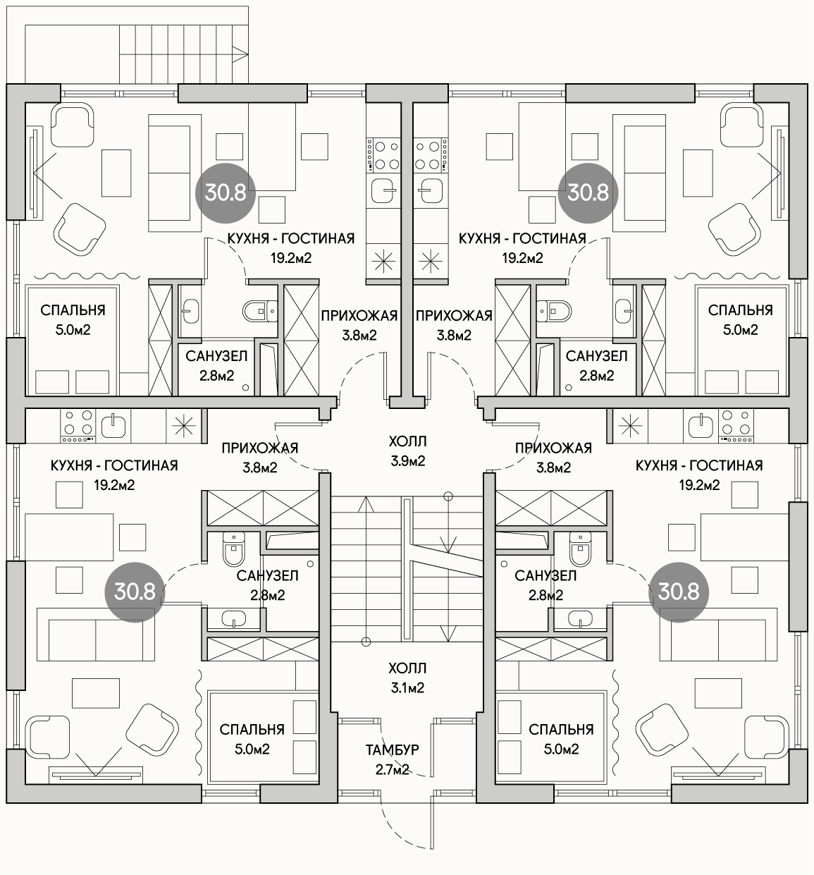 Планирока 1-го этажа в проекте Многоквартирный дом с эксплуатируемой кровлей MK-515