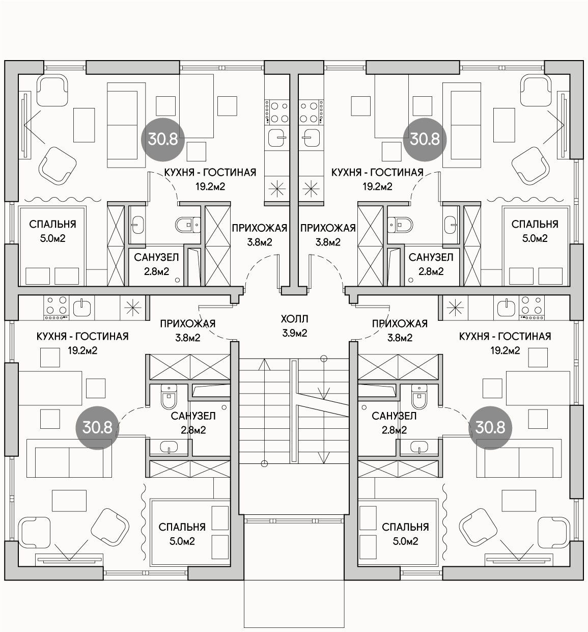 Планирока 2-го этажа в проекте Многоквартирный дом с эксплуатируемой кровлей MK-515