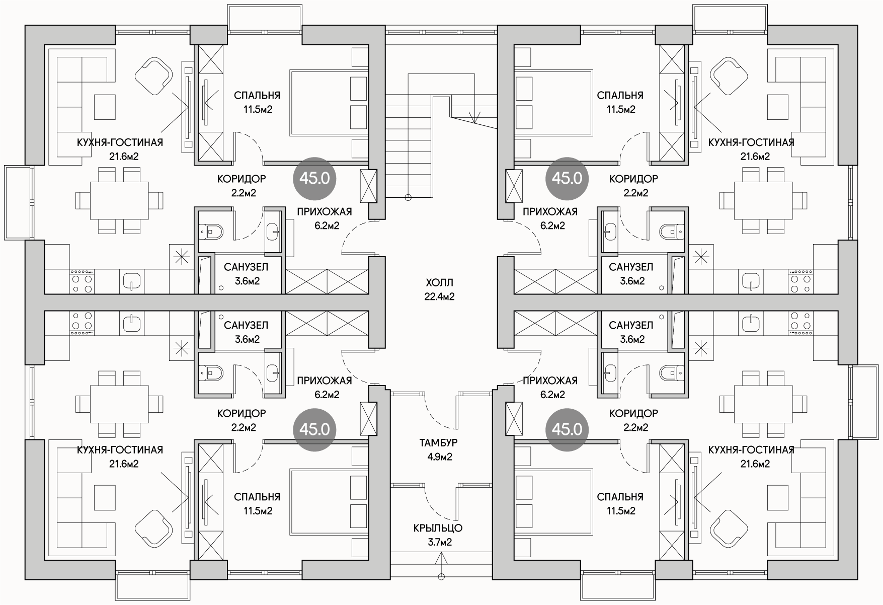 Планирока 1-го этажа в проекте Трехэтажный многоквартирный дом MK-412