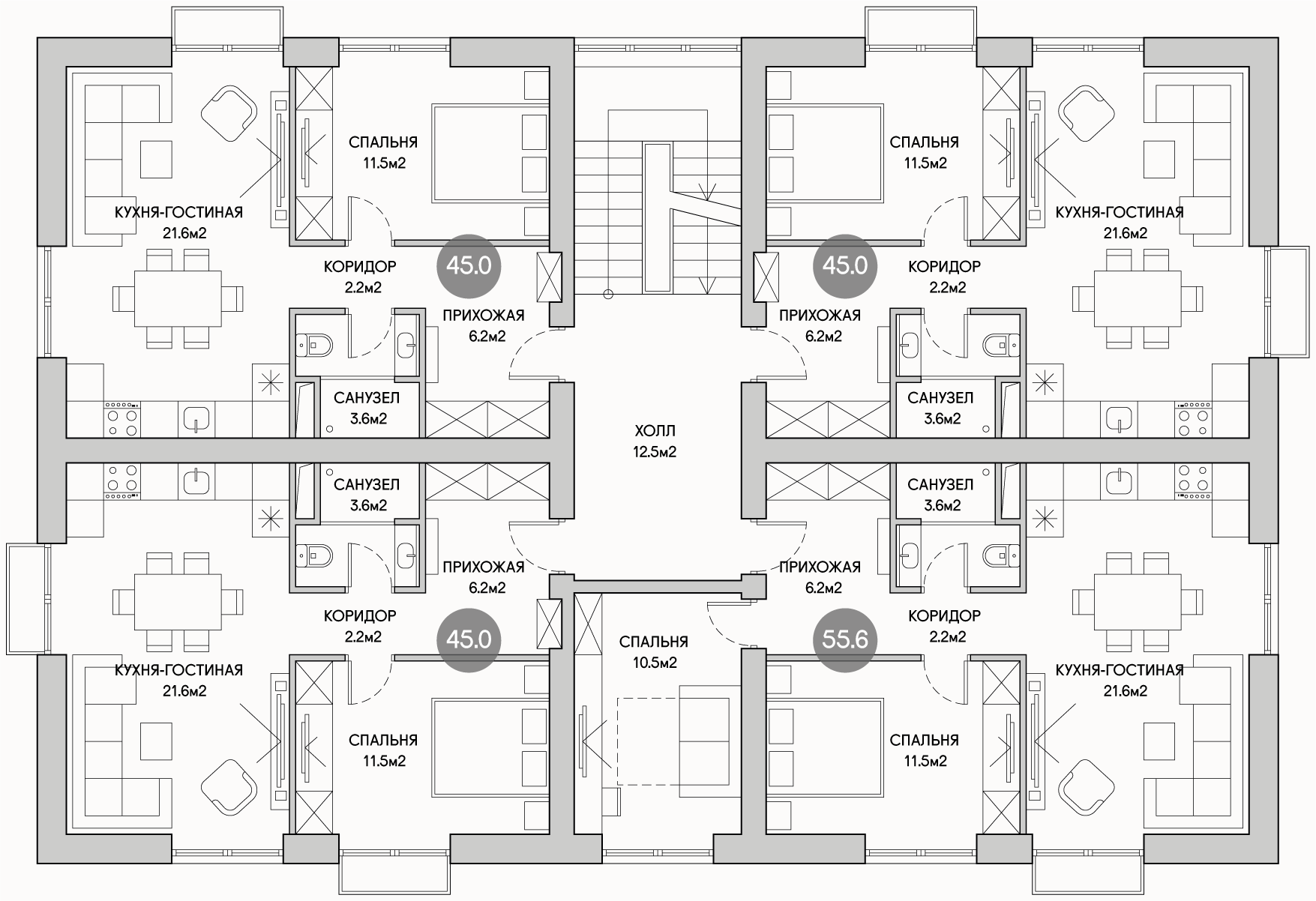 Планирока 2-го этажа в проекте Трехэтажный многоквартирный дом MK-412