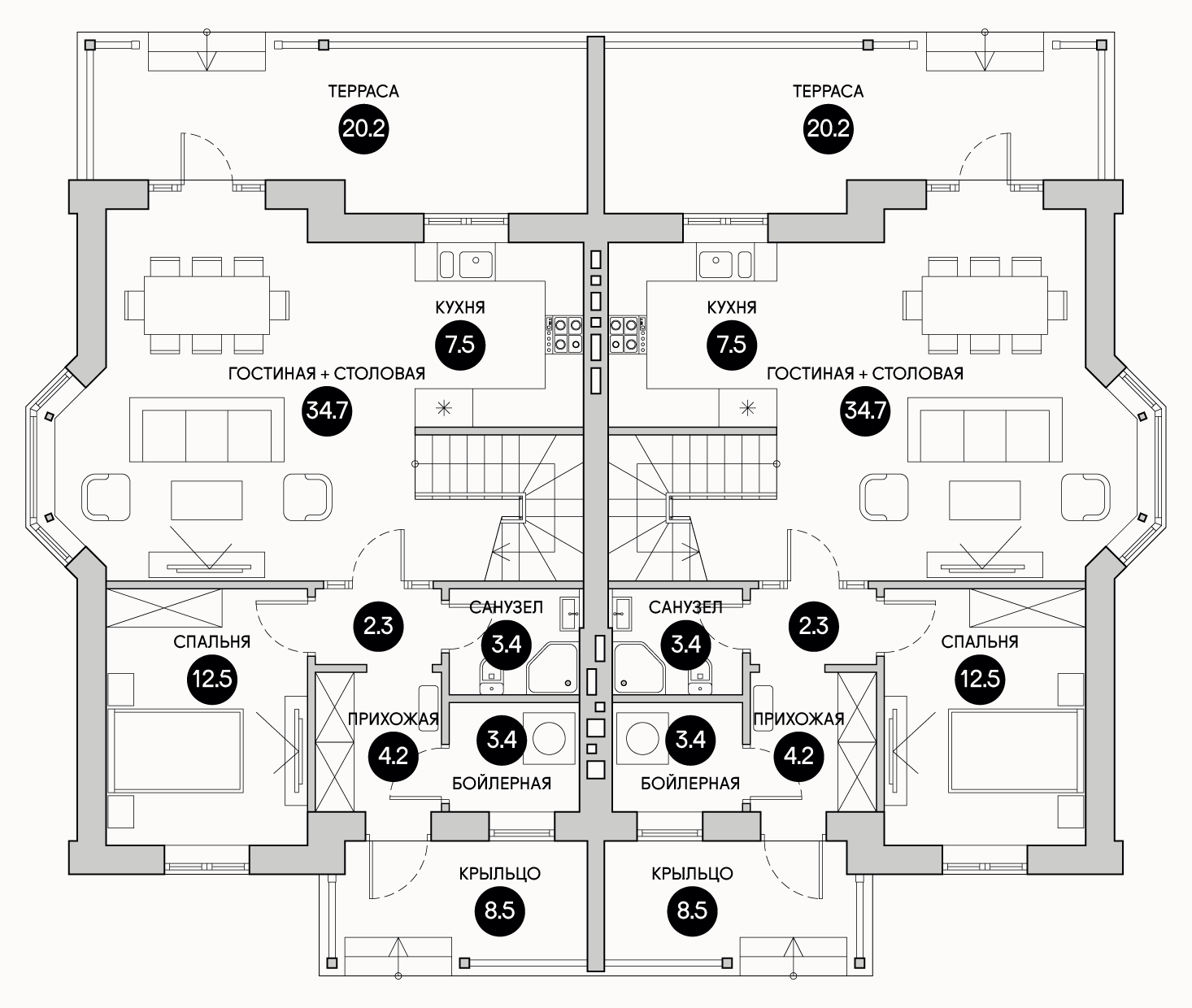 Планирока 1-го этажа в проекте Дом с двумя входами на две семьи TD-128