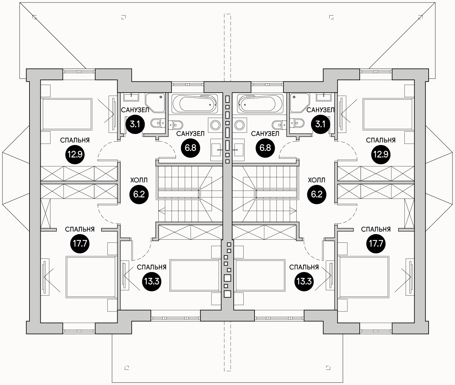 Планирока 2-го этажа в проекте Дом с двумя входами на две семьи TD-128