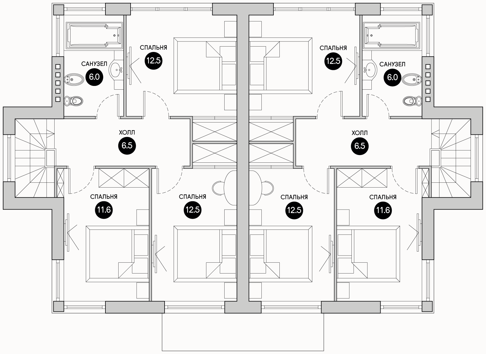 Планирока 2-го этажа в проекте Дом на две семьи с панорамными окнами TP-107