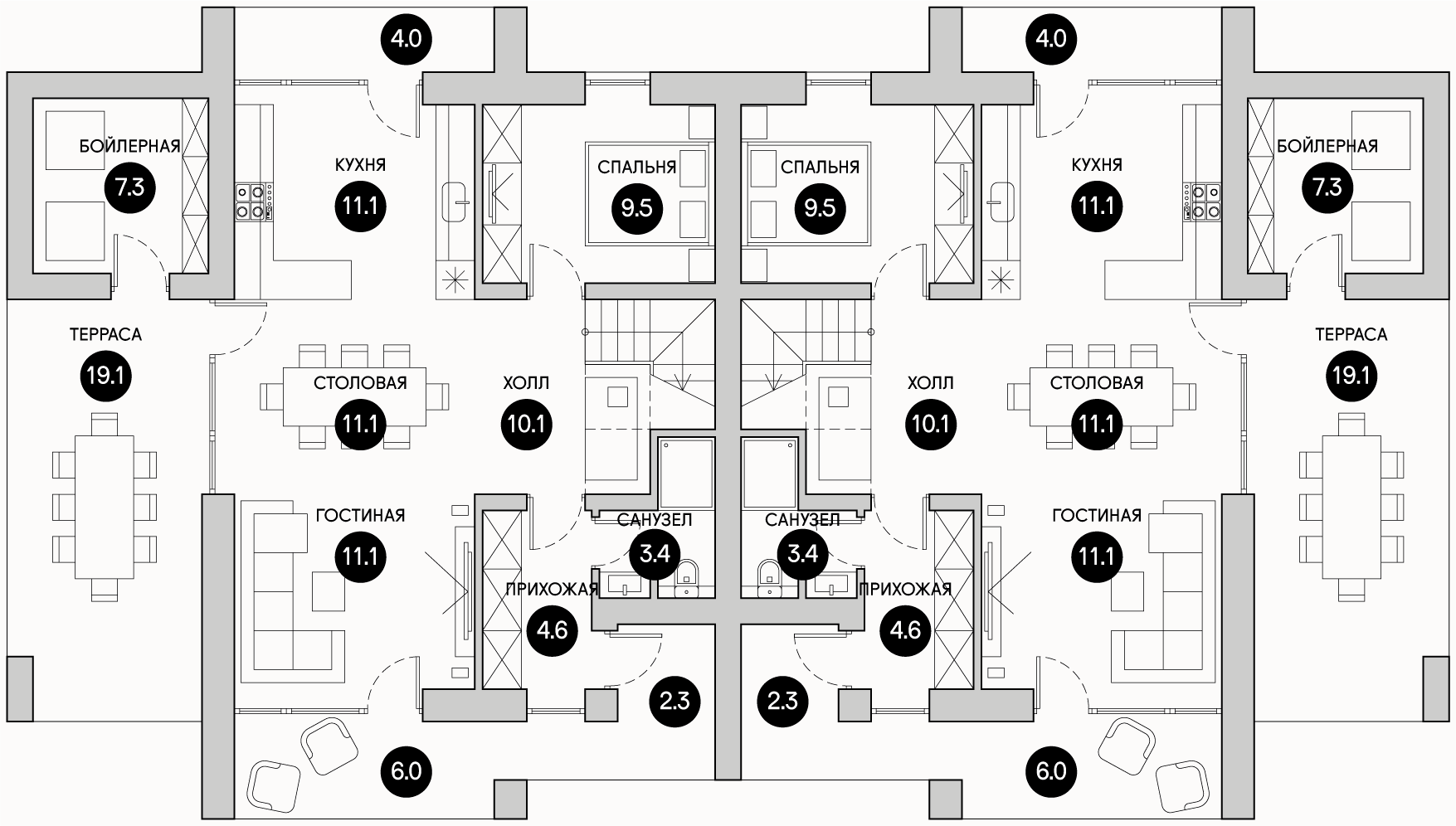 Планирока 1-го этажа в проекте Дуплекс из газобетона в стиле барнхаус TM-126