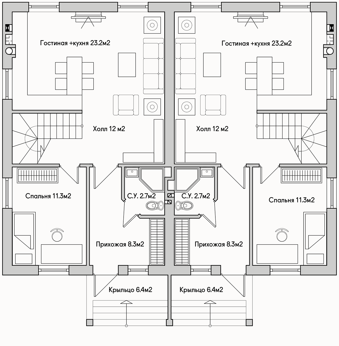 Планирока 1-го этажа в проекте Дуплекс эконом класса TP-122