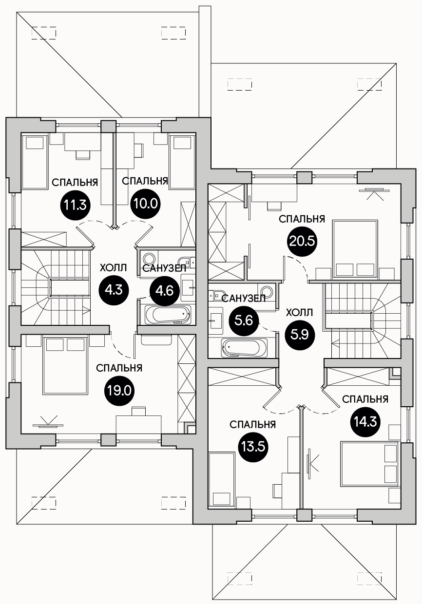 Планирока 2-го этажа в проекте Дуплекс с разными площадями TD-105/125