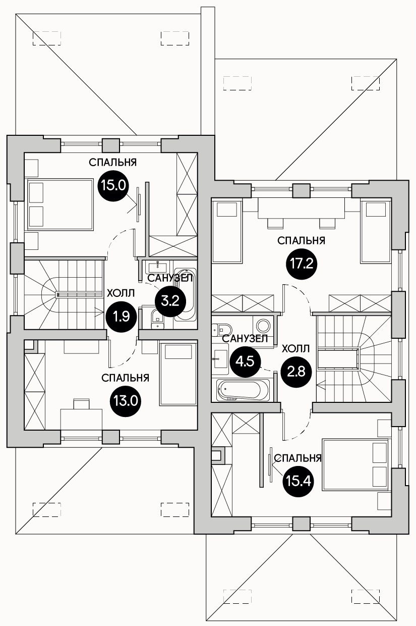 Планирока 2-го этажа в проекте Дуплекс с разными площадями TD-70/85