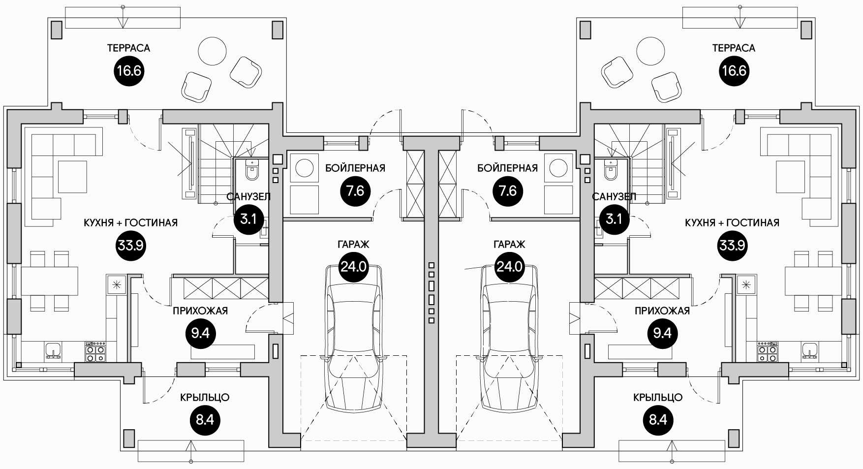 Планирока 1-го этажа в проекте Двухэтажный таунхаус с гаражом TD-139