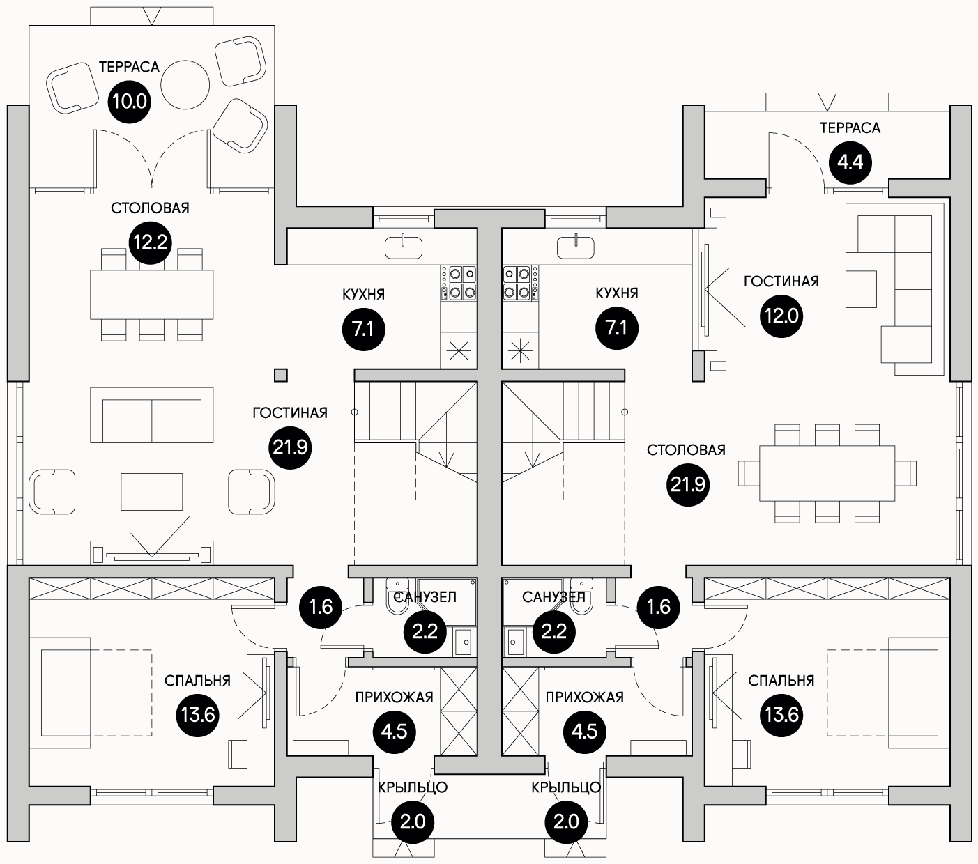 Планирока 1-го этажа в проекте Каркасный эконом дуплекс TM-120