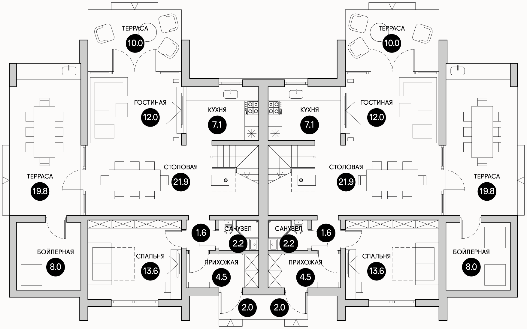 Планирока 1-го этажа в проекте Каркасный дуплекс в стиле барнхаус TM-128