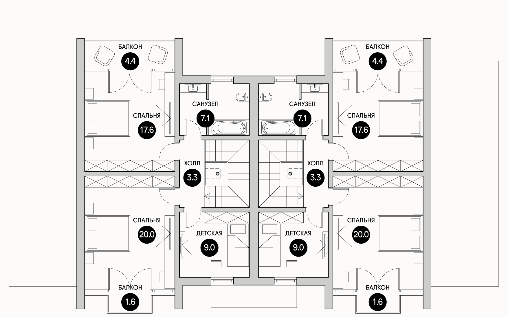 Планирока 2-го этажа в проекте Каркасный дуплекс в стиле барнхаус TM-128