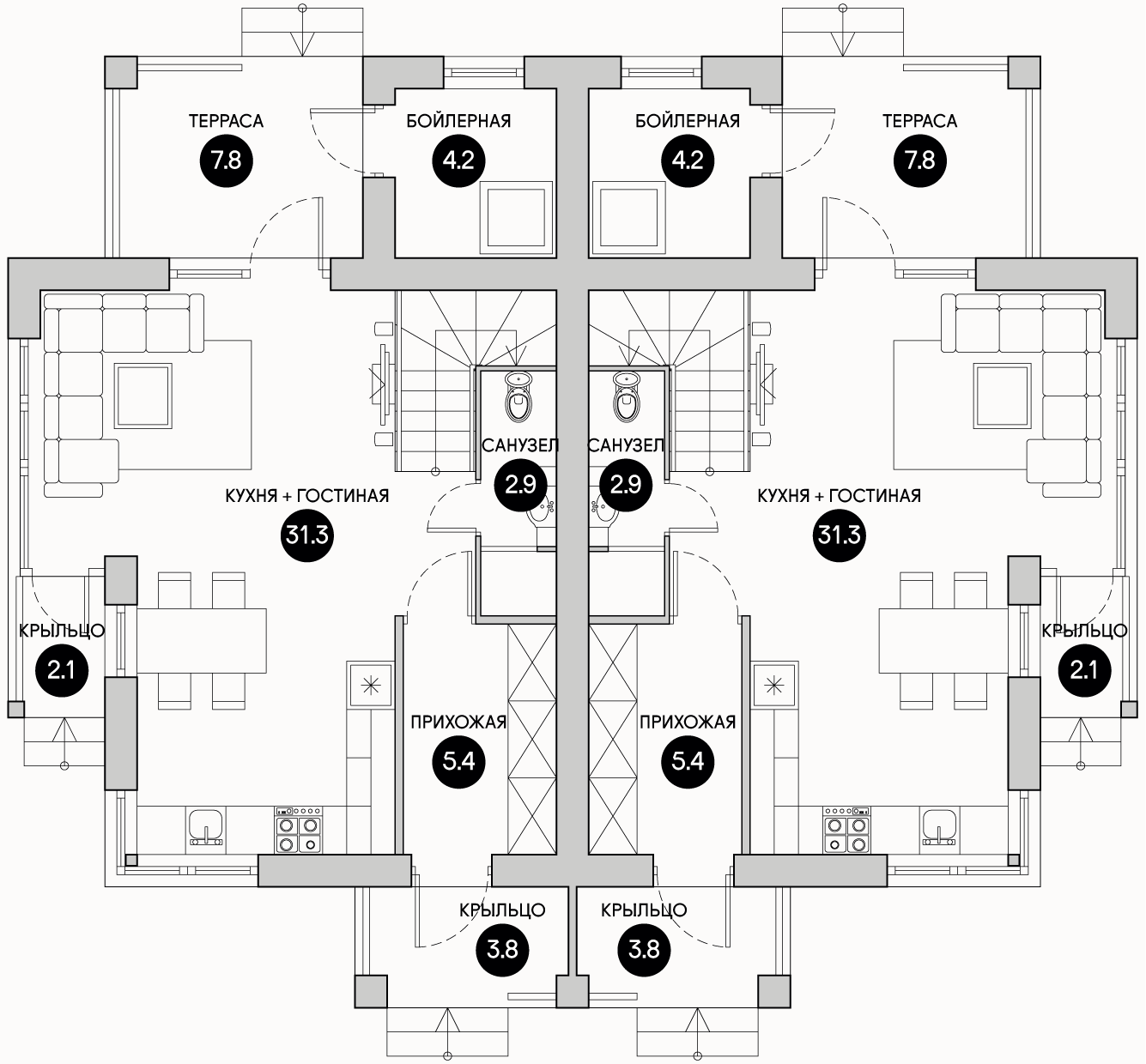 Планирока 1-го этажа в проекте Современный таунхаус TD-75