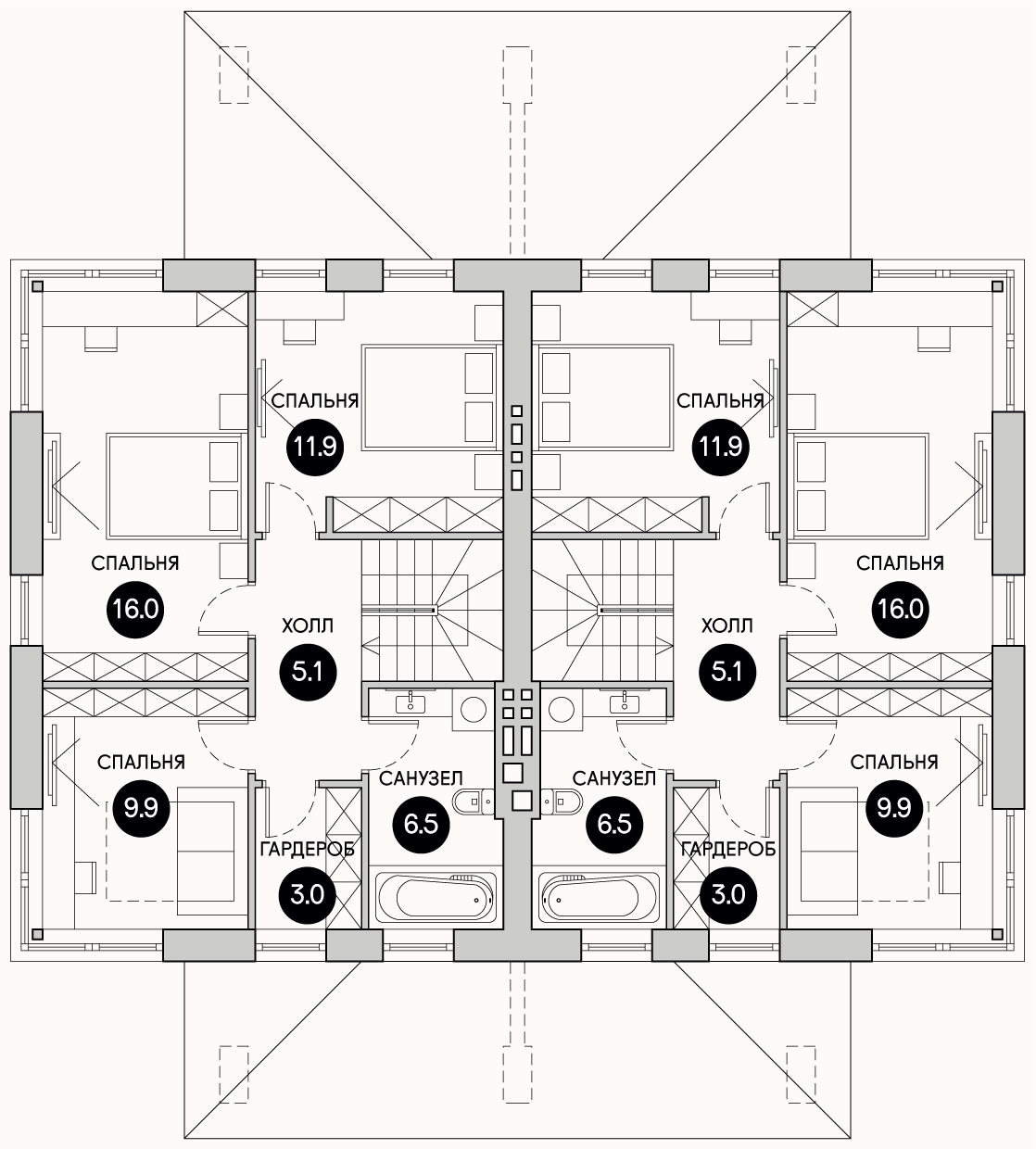 Планирока 2-го этажа в проекте Стильный дом на две семьи TD-109