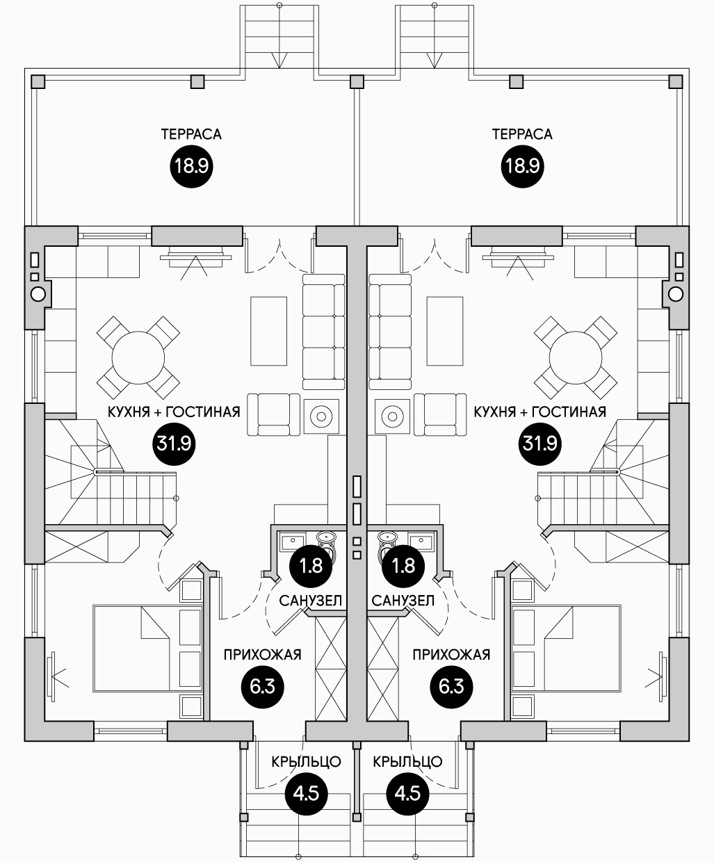 Планирока 1-го этажа в проекте Таунхаус эконом класса TP-100