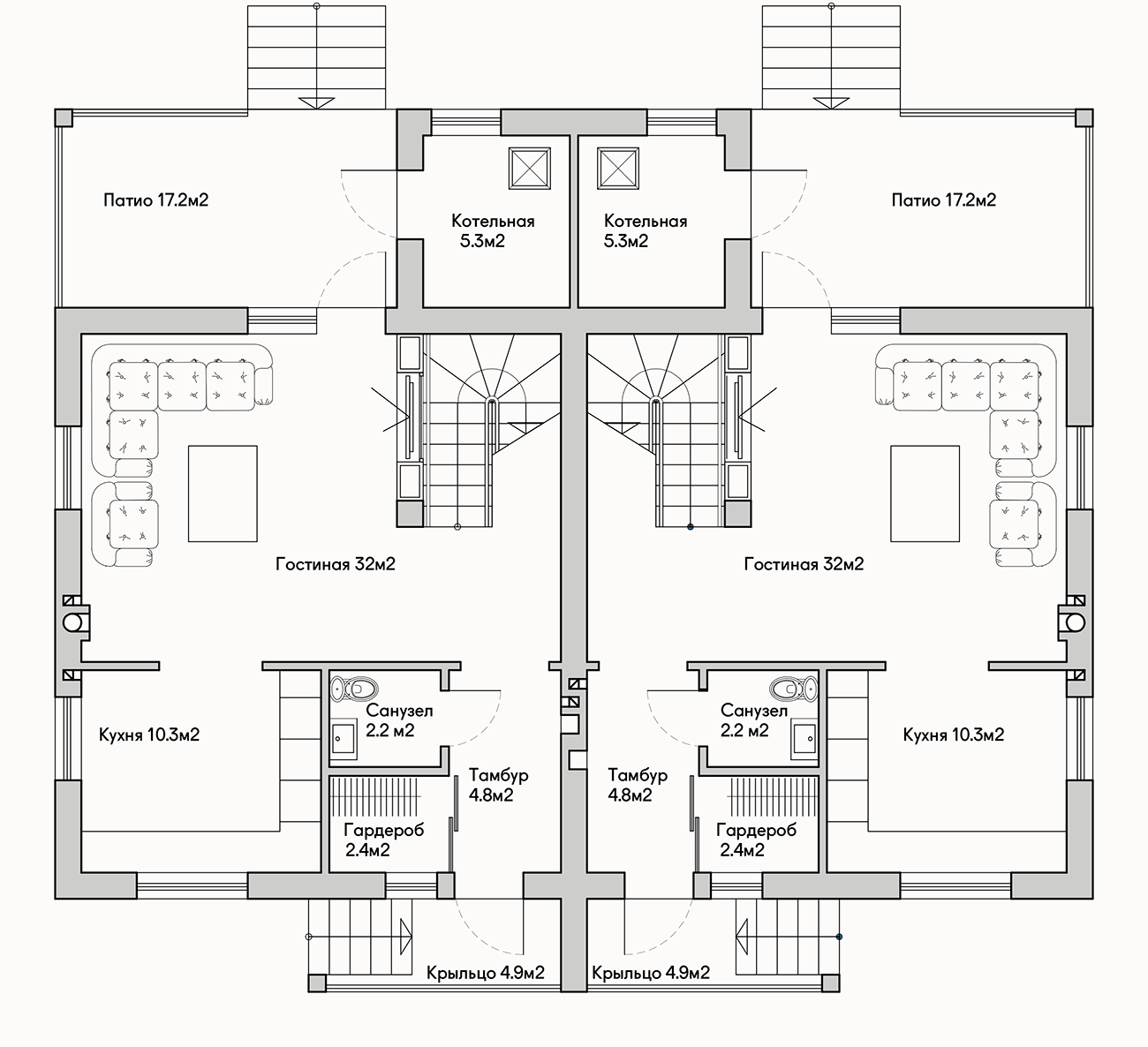 Планирока 1-го этажа в проекте Таунхаус из кирпича TP-125