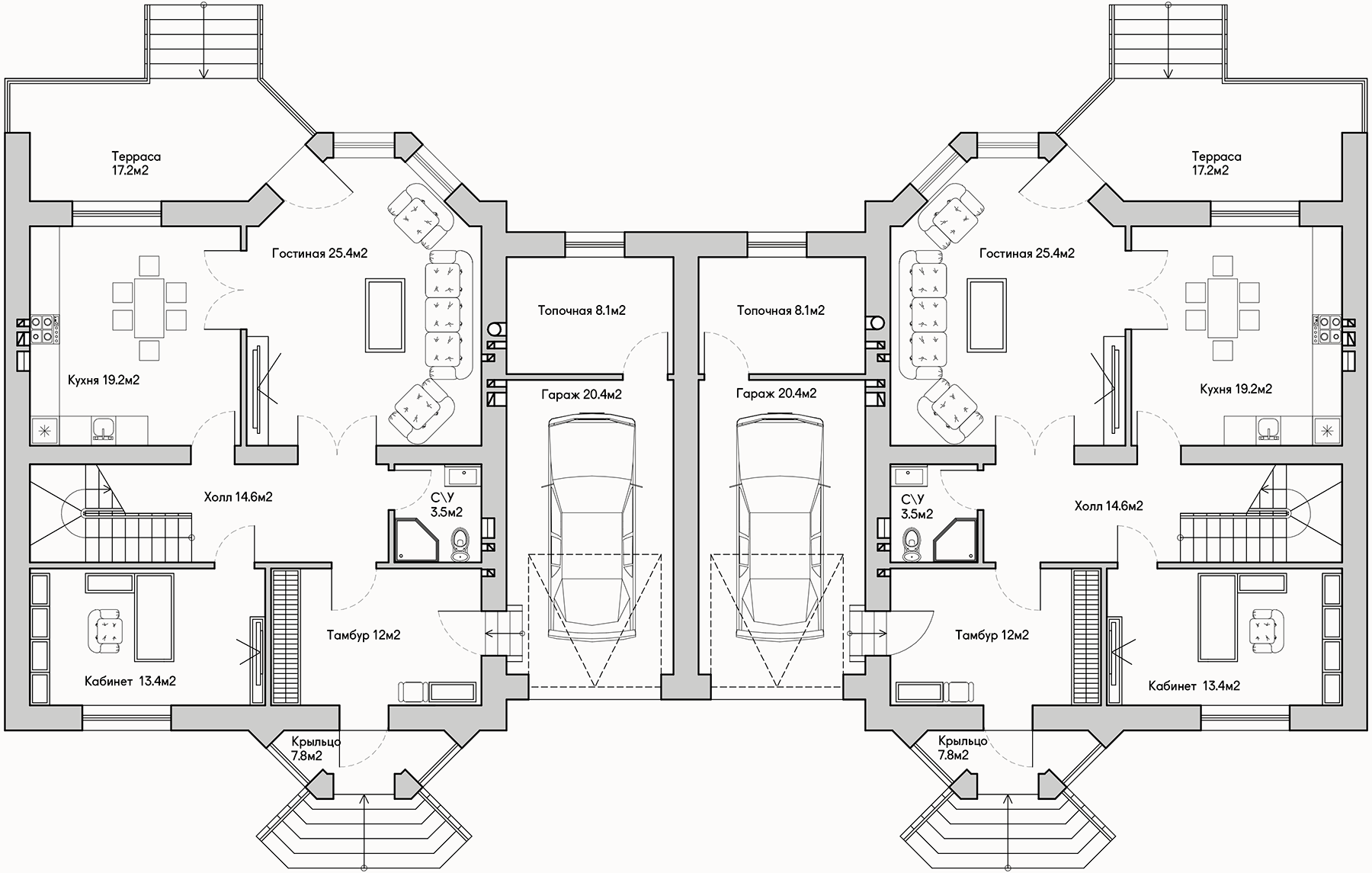 Планирока 1-го этажа в проекте Таунхаус на две семьи с гаражом TP-220