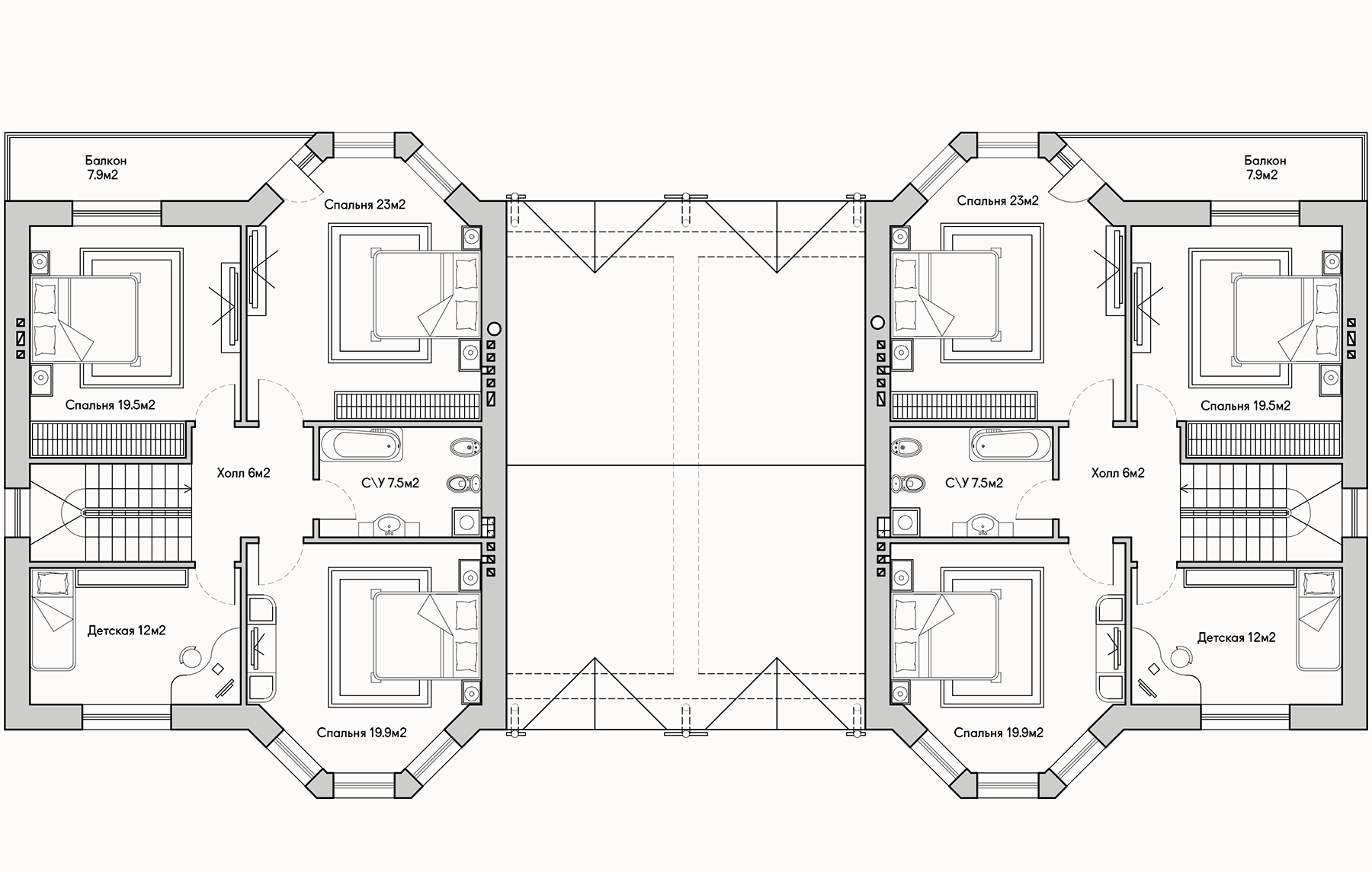 Планирока 2-го этажа в проекте Таунхаус на две семьи с гаражом TP-220