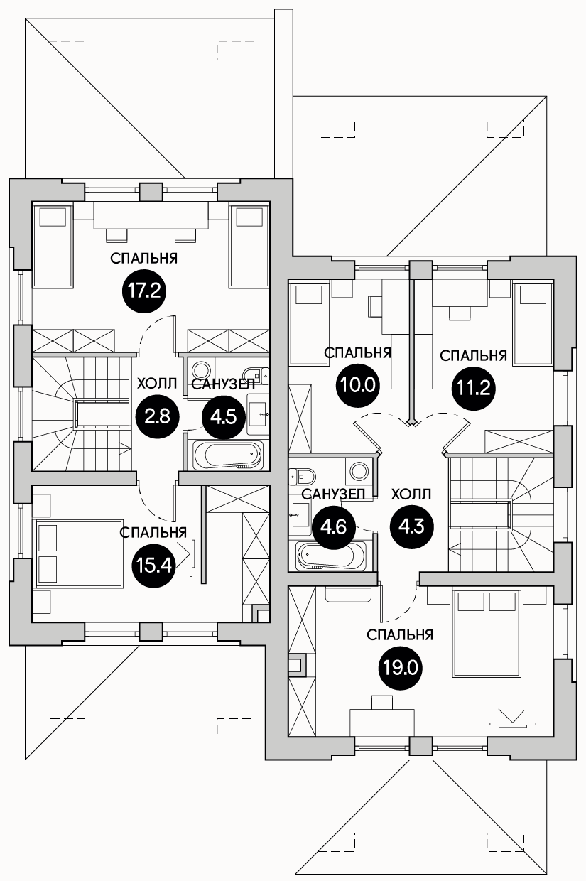 Планирока 2-го этажа в проекте Таунхаус с разными площадями TD-85/105