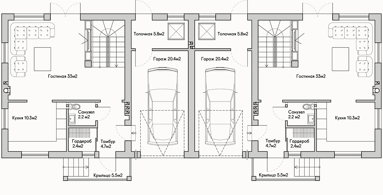 Планирока 1-го этажа в проекте Трехэтажный таунхаус с гаражом TP-210